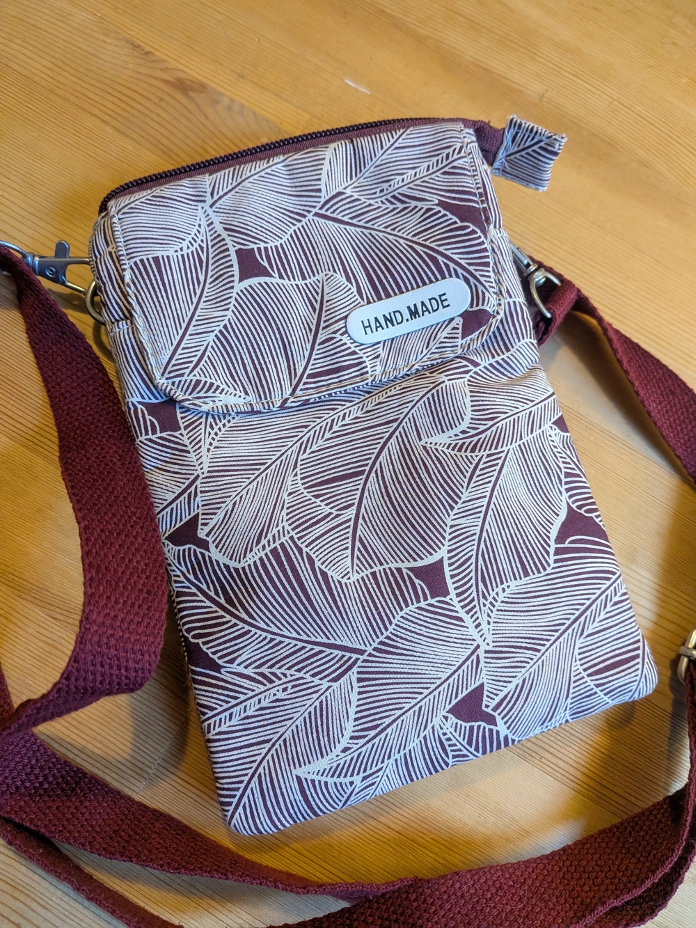 Handmade Maroon Leaf-Print Crossbody Bag